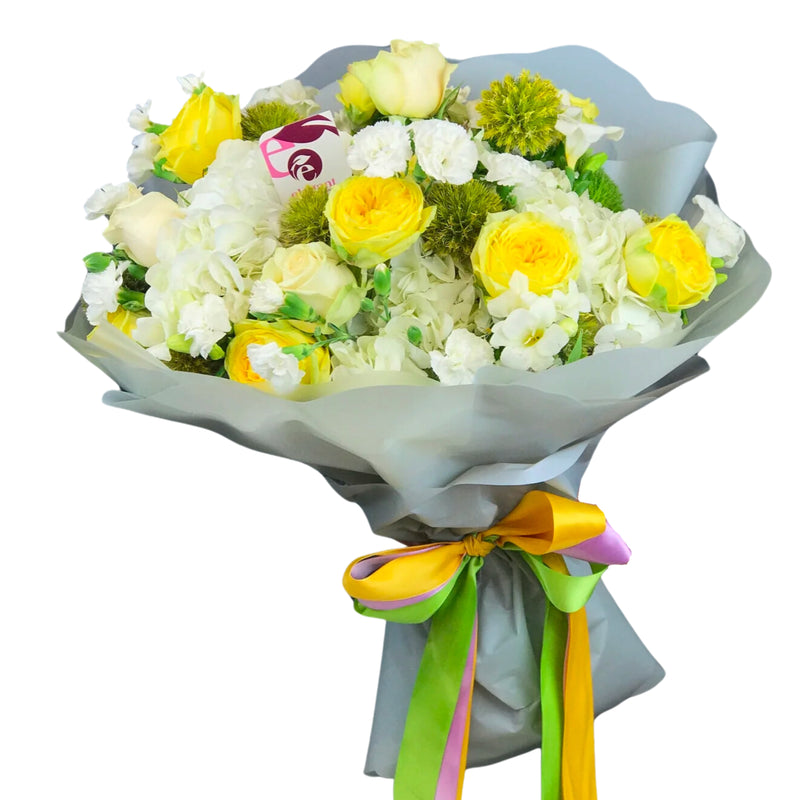 Bouquet of Yellow Garden Roses and White Hydrangea