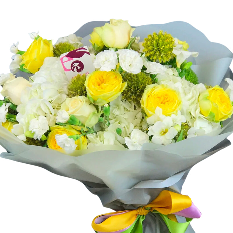 Bouquet of Yellow Garden Roses and White Hydrangea