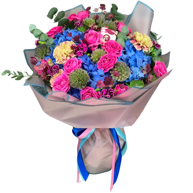 Bouquet of Blue hydrangea , Pink Baby rose and cornish