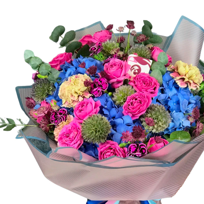 Bouquet of Blue hydrangea , Pink Baby rose and cornish