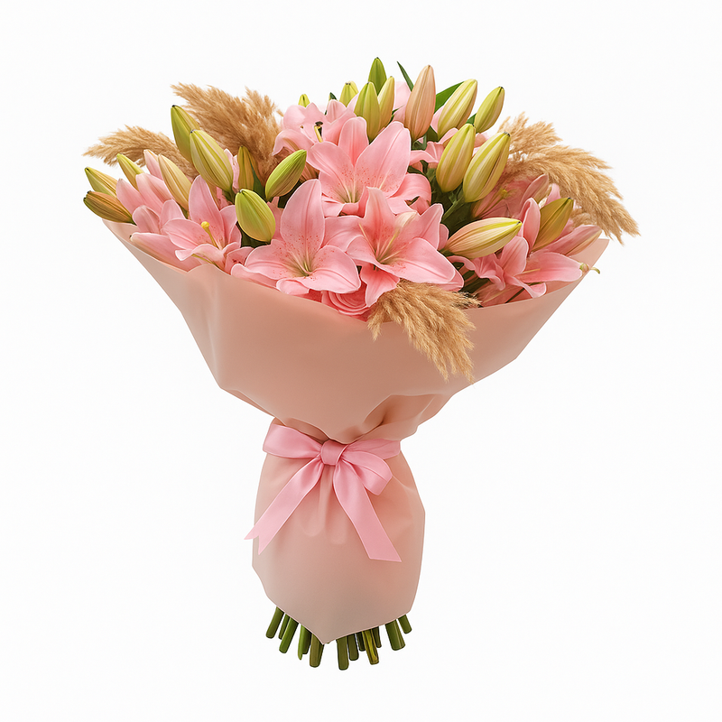 Pink Lily Bouquet with Pampas Grass