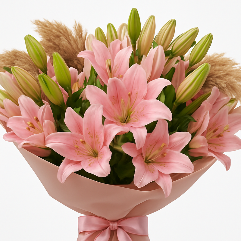 Pink Lily Bouquet with Pampas Grass