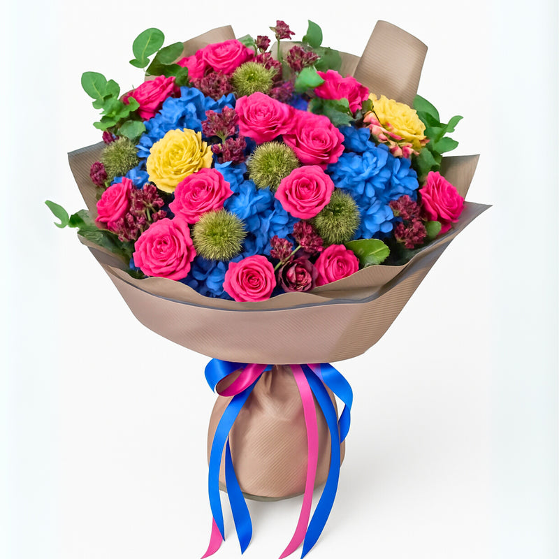 Luxury Bouquet of Blue Hydrangea, Pink Baby Roses & Cornish