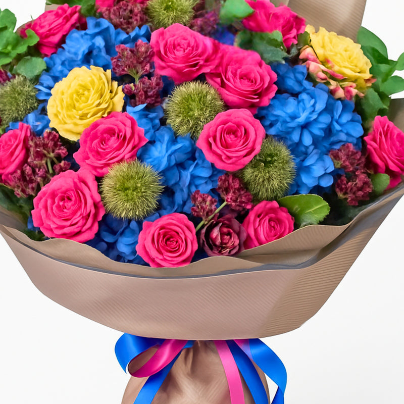 Luxury Bouquet of Blue Hydrangea, Pink Baby Roses & Cornish