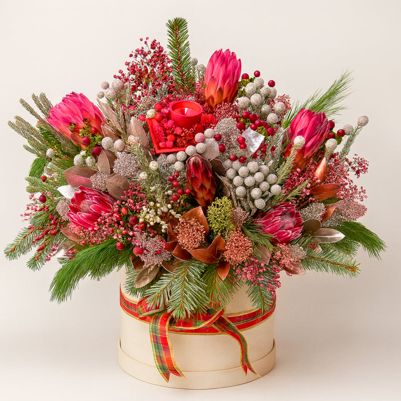Deluxe Christmas Protea Arrangement with Candle