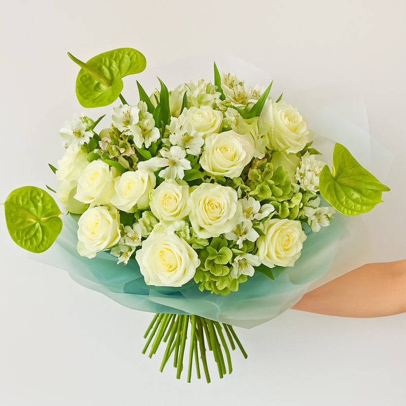 Elegant White Rose Bouquet with Green Accents